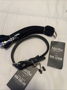 Martha Stewart Black Leather Dog Collar Small with Matching Black Nylon Leash